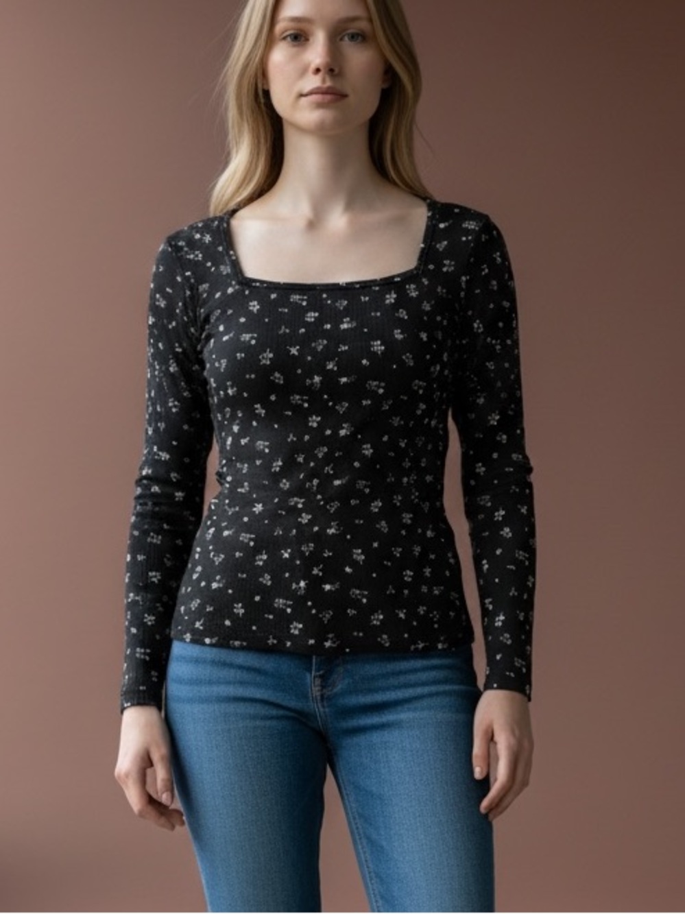 BUCKLE Black Floral Square-Neck Long Sleeve Top